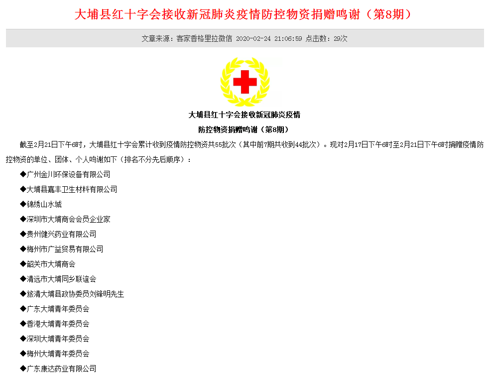 金川給大埔縣紅十字會(huì)、蕉嶺縣紅十字會(huì)等捐贈(zèng)消毒液用于疫情防控
